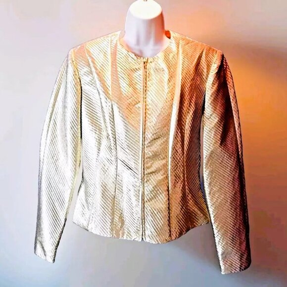 Vintage Farinae Collections Gold Pleated Full Zip Blazer Jacket Size 8 Evening - Picture 2 of 7